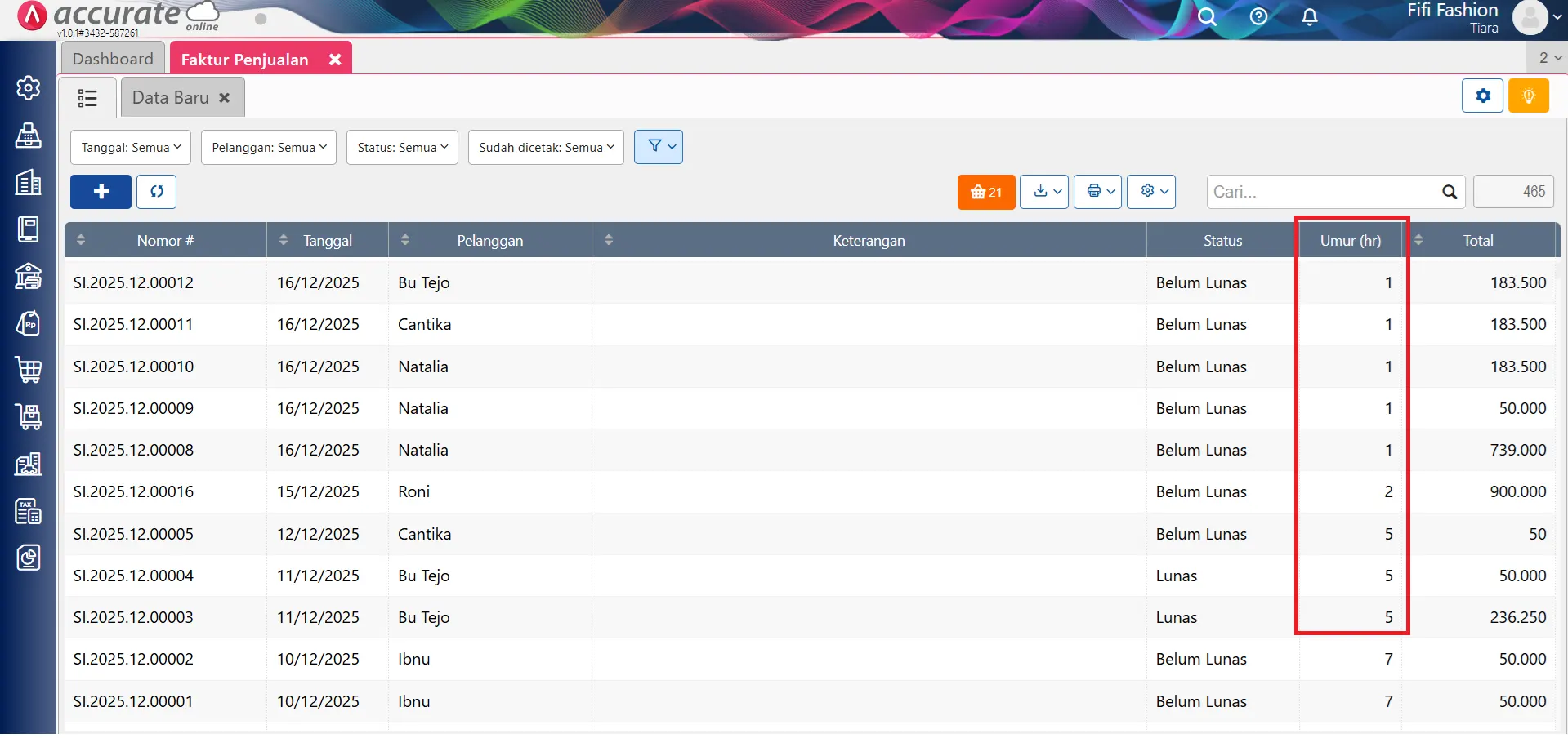 Kolom Umur (hr) di Daftar Faktur Penjualan